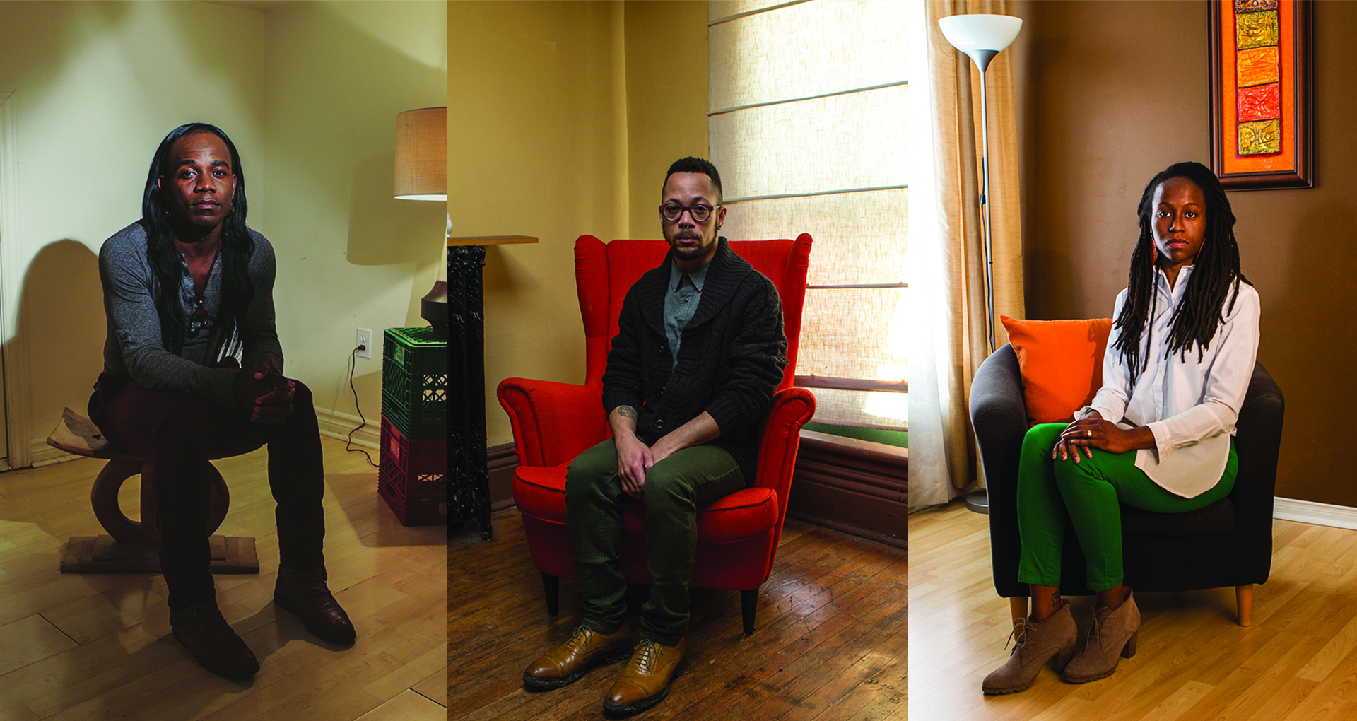 Three portraits side by side, of 3 black people seated