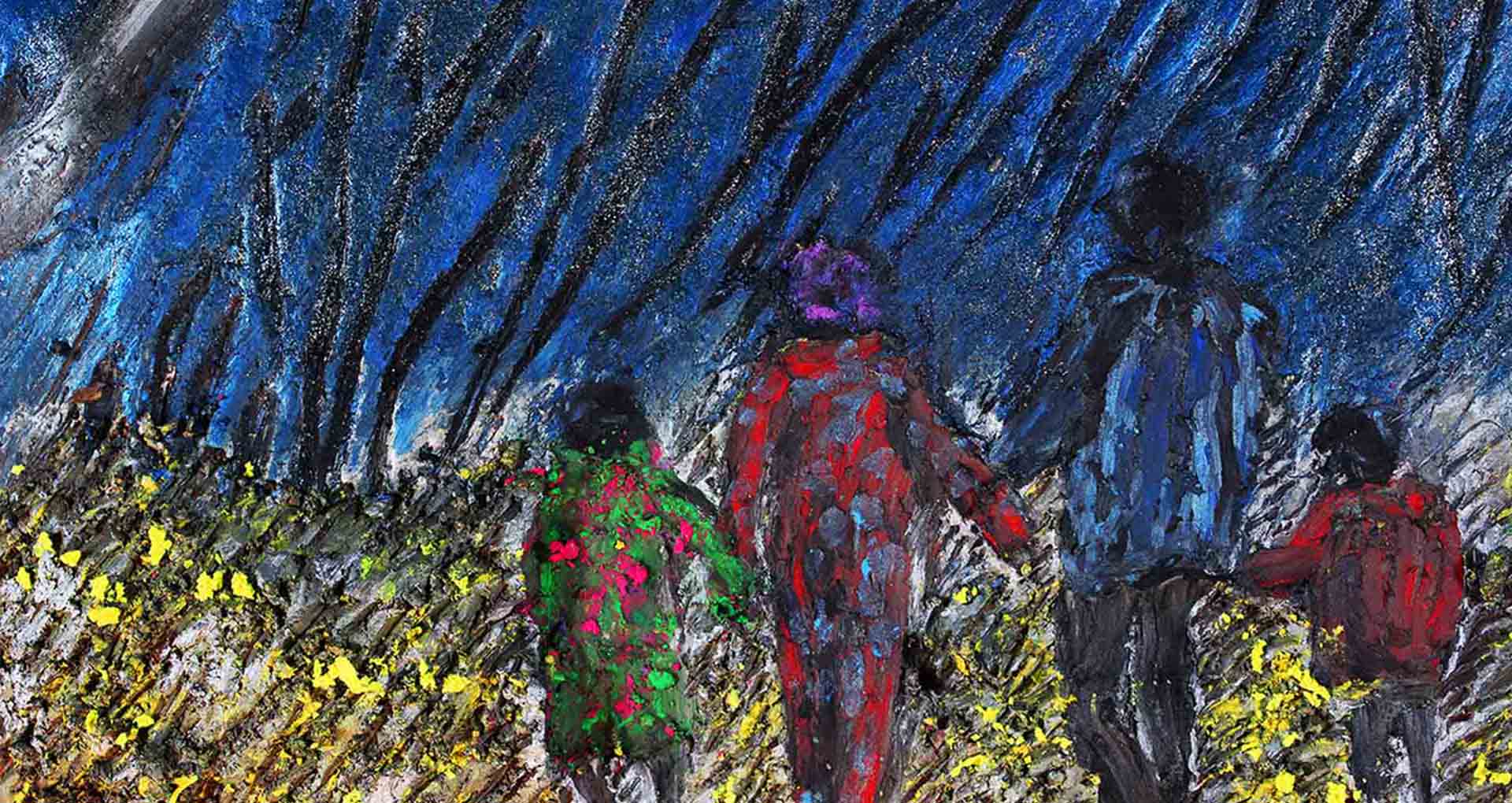 Pastel drawing. Full of color. 4 people from behind are holding hands