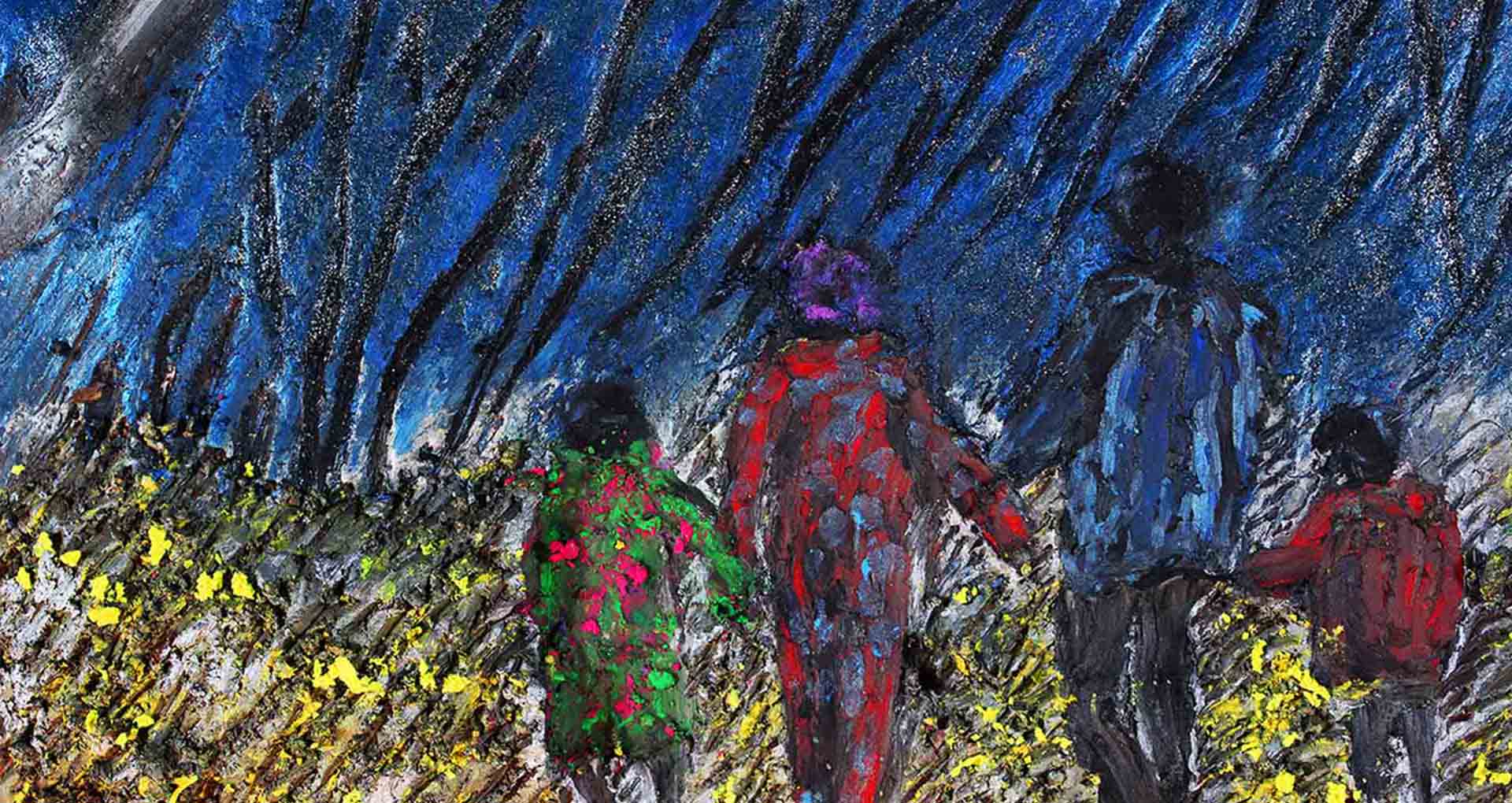 Alisi Telengut, Nutag-Homeland, 2016 Pastel drawing. Full of color. 4 people from behind are holding hands