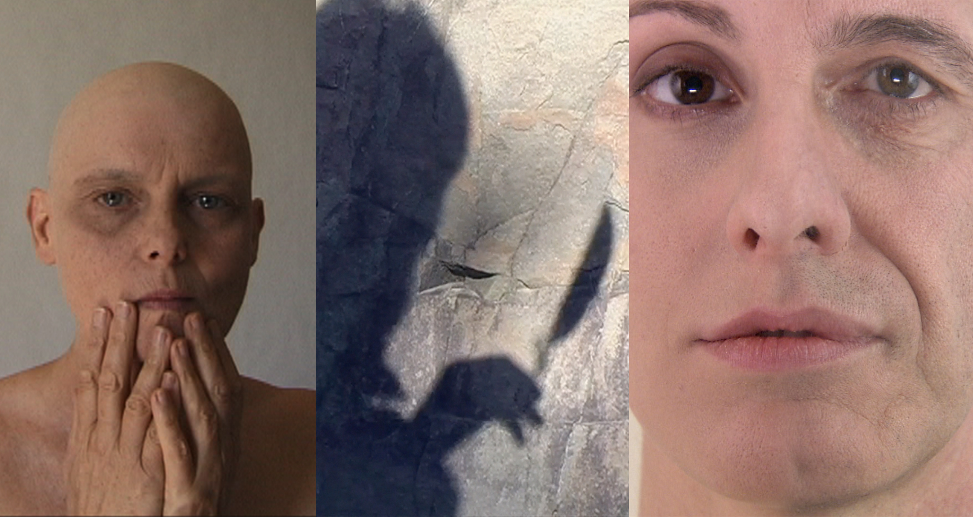 3 pictures. On the left a bald woman, in the middle a woman's shadow, and on the right, a montage of a woman and man's face