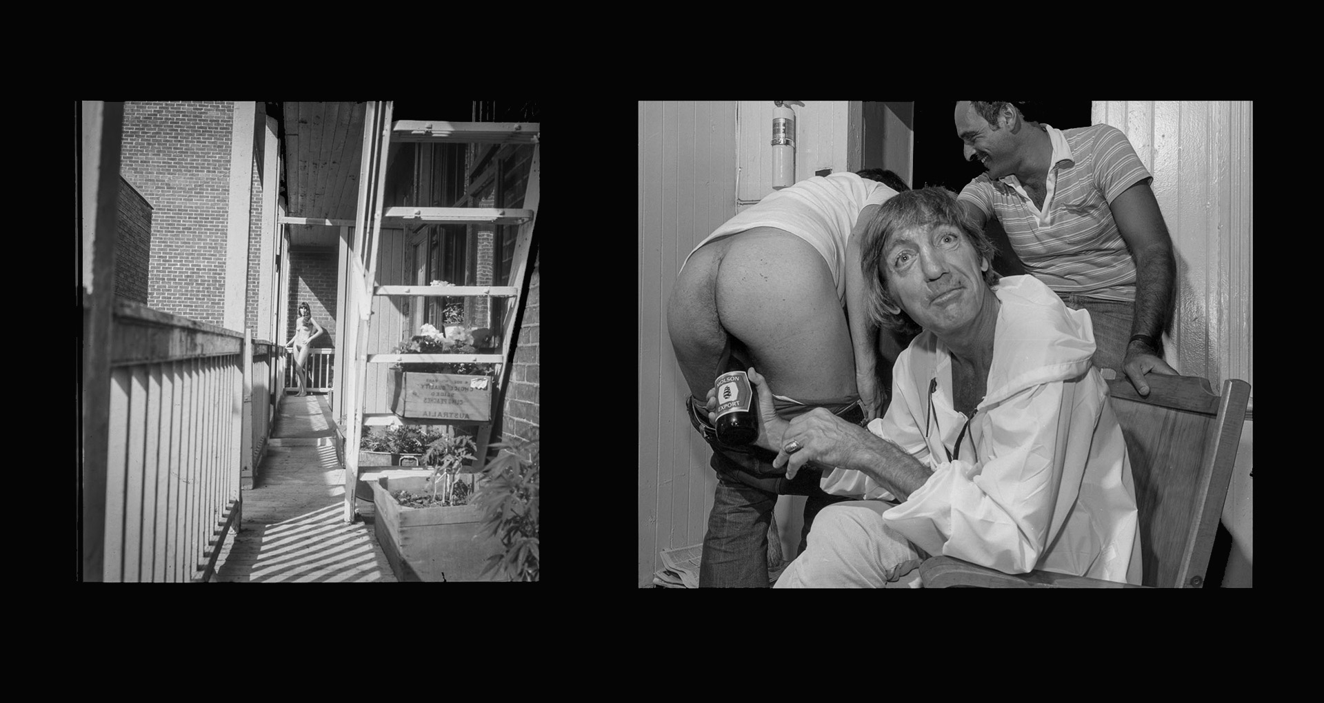 Two black and white pictures. On the left, a balcony, a naked woman at its far end. On the right, a man in the foreground puts a bottle of beer in the buttocks of a man in the background. A third man laughs behind.
