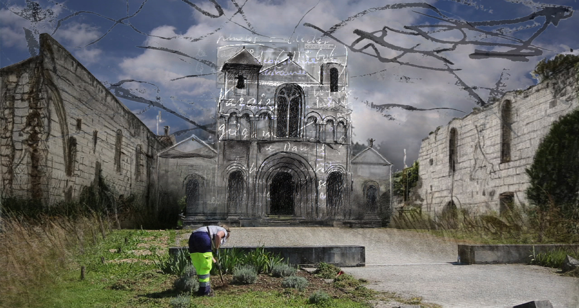 Pierre Hébert, Le Film de Bazin, 2017 Dessin d’une église et superposition d’écriture.