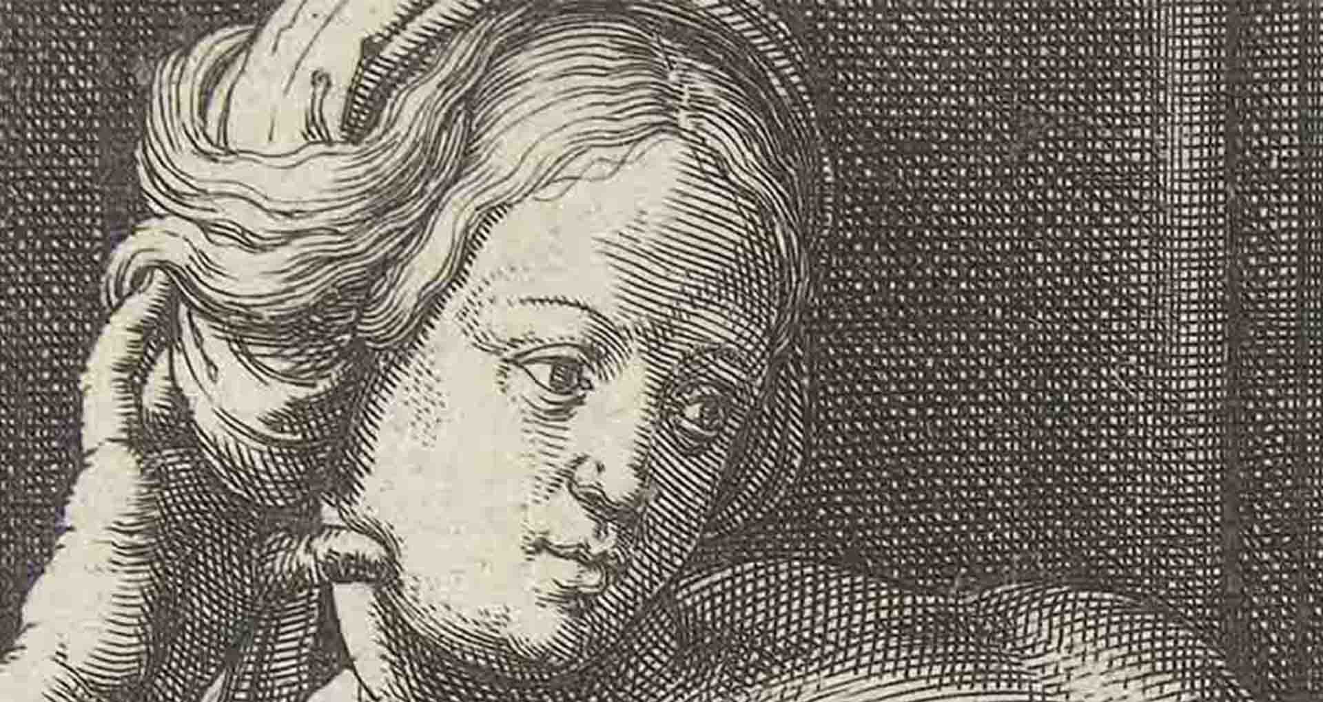 black and white engraving. A woman's profile