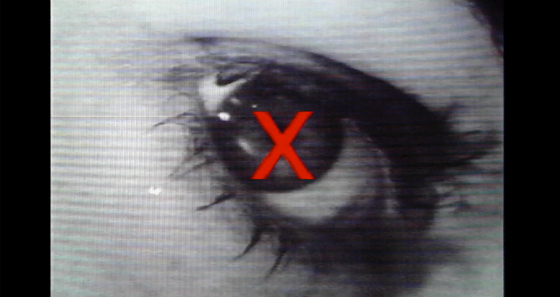 _x_prologue / laura Jeanne lefavre image vidéo en noir et blanc. Un œil au milieu de l’image. _ X_ en rouge se superpose à l’oeil