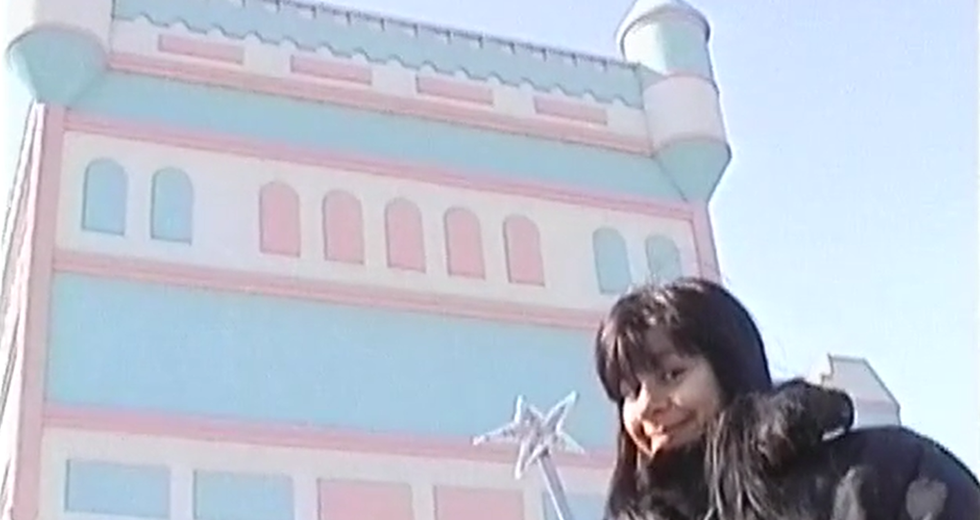 Giant blue and pin castle, with a brown hair woman in front of it