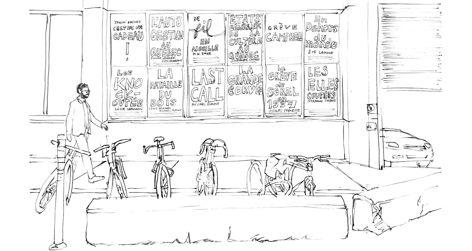Karine Savard, sketch of the artiste run centre Diagonale's showcase Sketch of the artiste run centre Diagonale's showcase