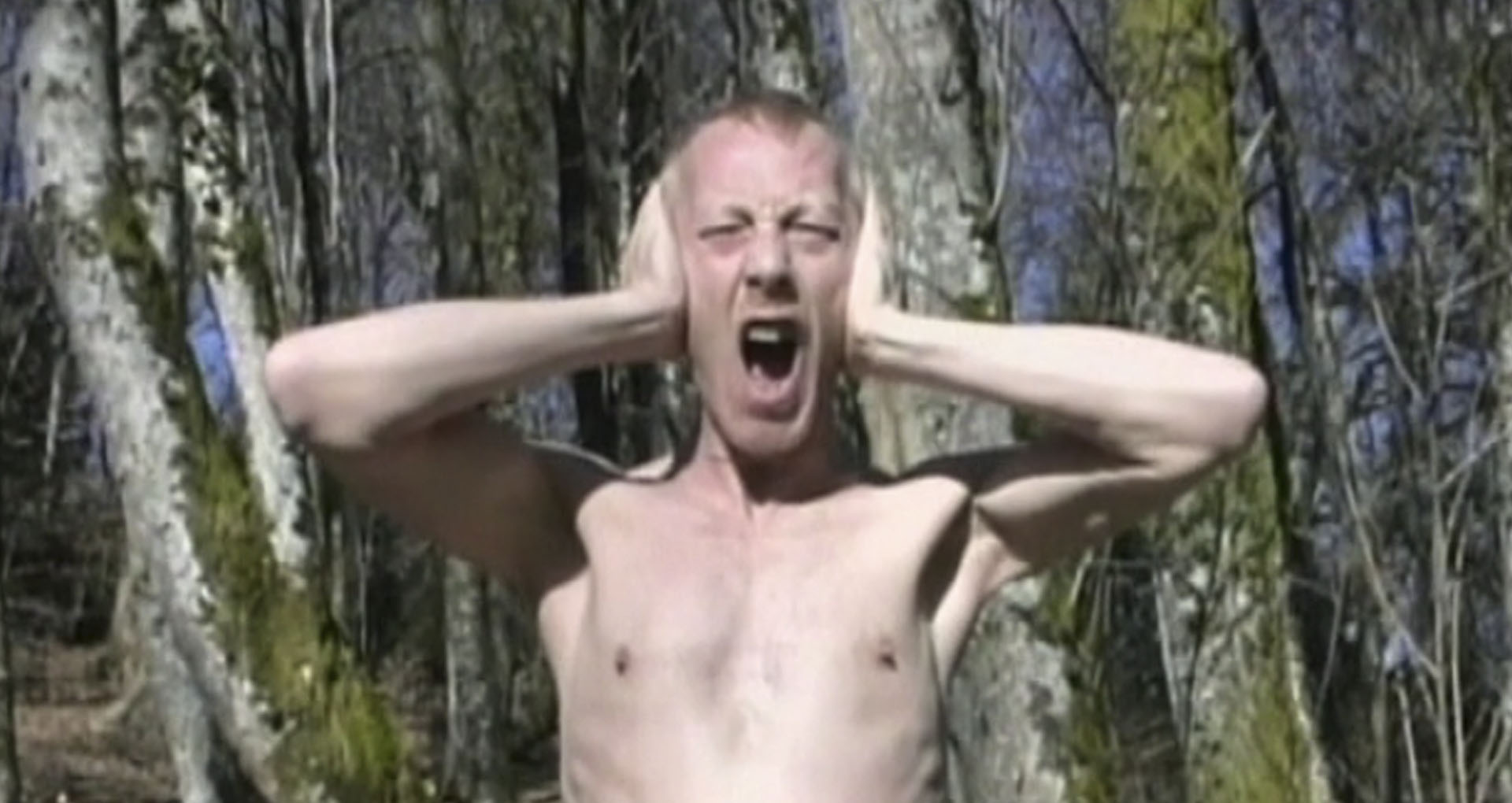 Pascal , Don't Kill Britney, 2008 image couleur, un homme torse nu cri dans les bois